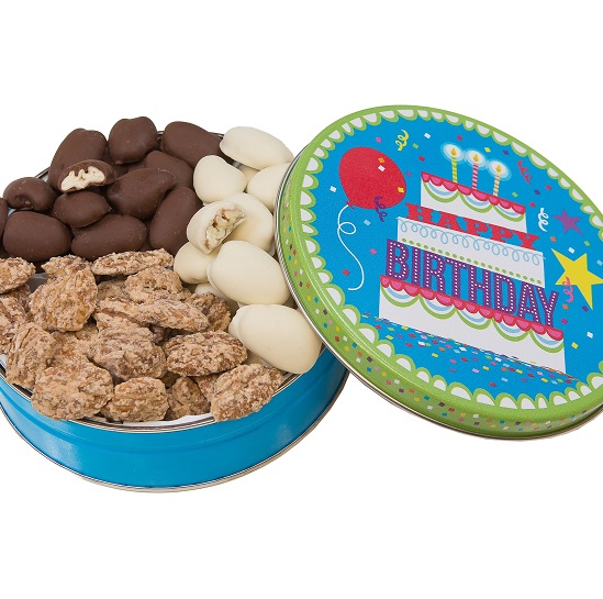 1 LB ALL TIME FAVORITE PECANS AND PECAN CANDIES IN A BIRTHDAY TIN
